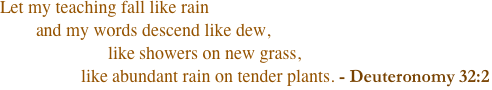 Let my teaching fall like rain  
        and my words descend like dew, 
                        like showers on new grass,
                  like abundant rain on tender plants. - Deuteronomy 32:2